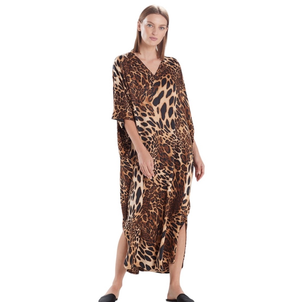 Natori Lux Animal Print Caftan | Zebra and Leopard Silky Dress Large